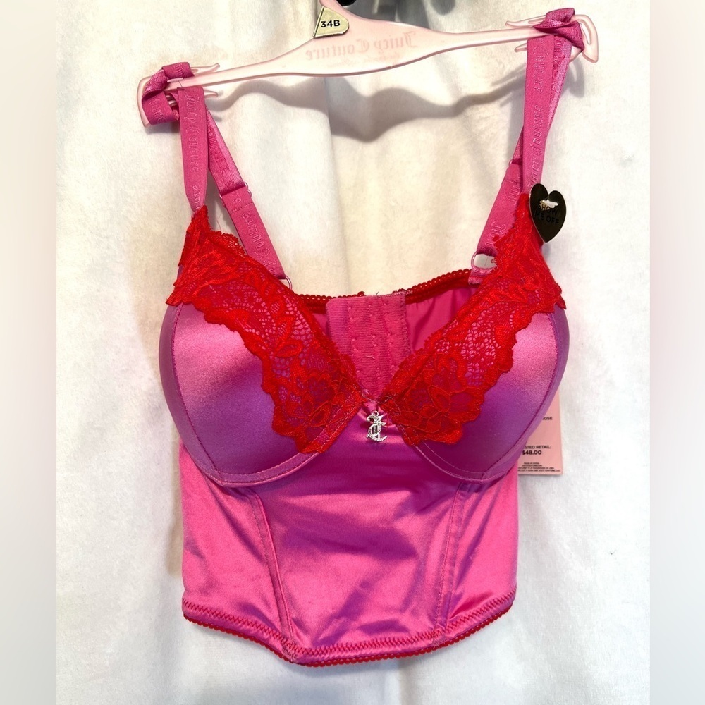 🩷❤️Juicy Couture 34B Bra Corset Push Up Hot Pink Red Satin Lace Underwire-NWT🩷❤️ - Picture 4 of 10